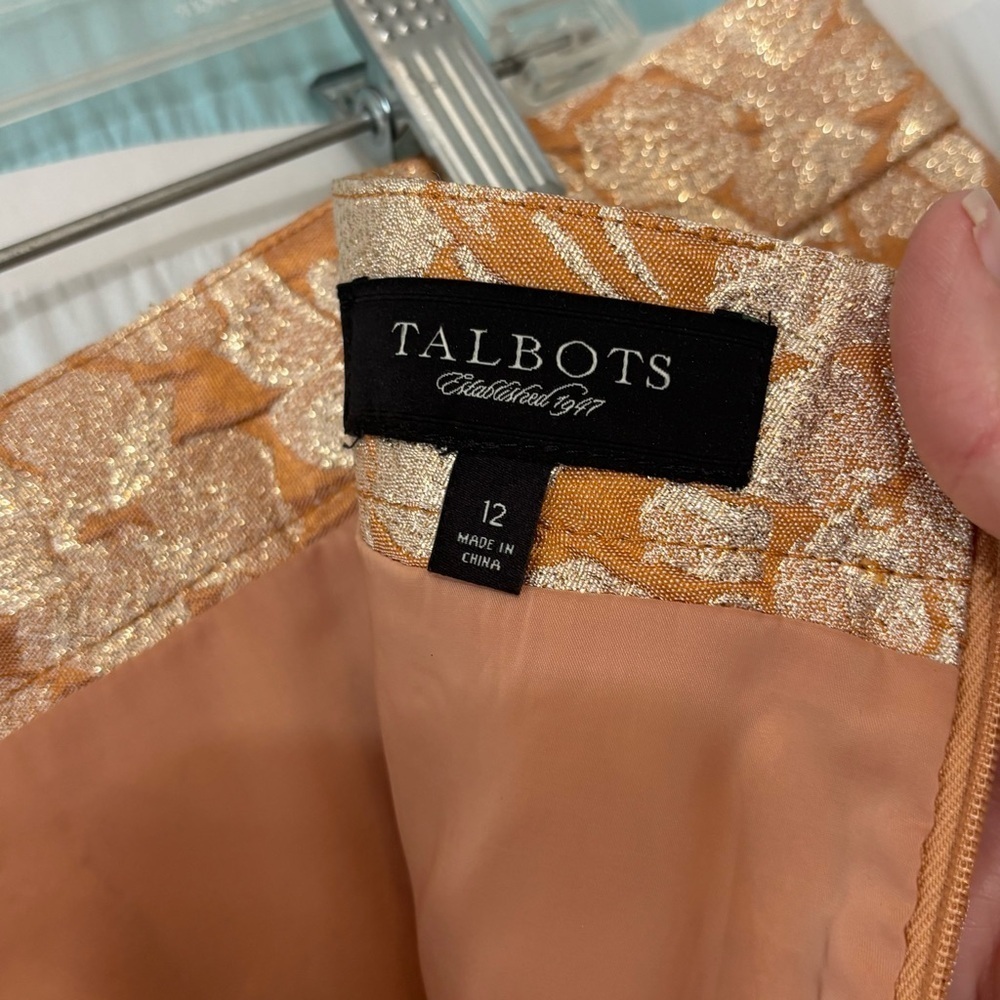 Talbots Pencil Skirt Brocade Metallic Peach Pink Gold Sz 12 - Picture 2 of 9